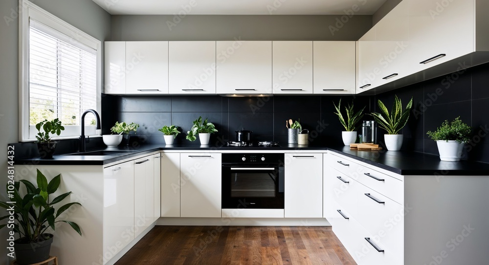 Stylish kitchen with a clean design a black and white color scheme and potted plants Stylish kitchen with a clean design a black and white color scheme and potted plants