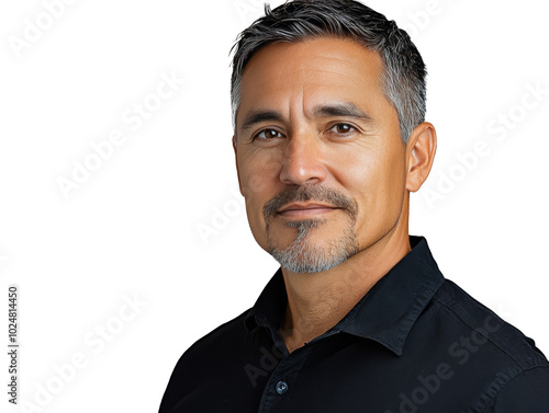 Portrait of a mature man with a beard wearing a black shirt against a neutral...