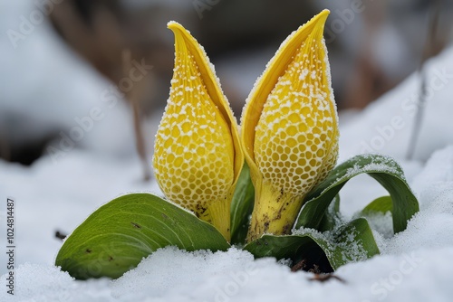 Skunk Cabbage Blooming: Growth and Melting of Flower after Snowstorm photo