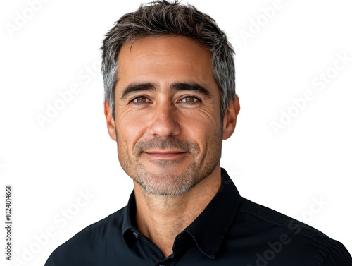Portrait of a smiling man with short hair and blue eyes against a neutral bac...