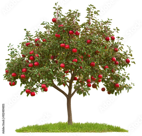 Vibrant apple tree laden with bright red fruit in a sunny field during late s...