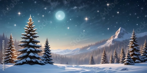 A snowy winter landscape with pine trees, glowing ornaments, and twinkling stars in the sky.