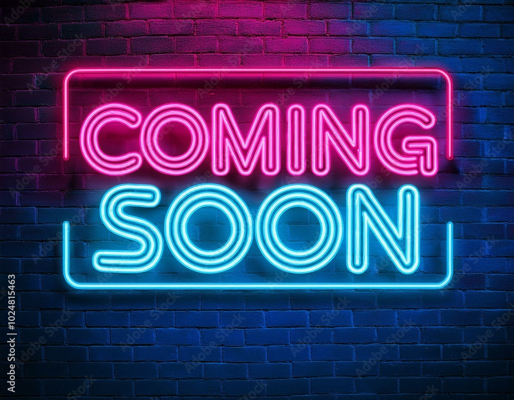 a striking neon sign with the words coming soon set against a weathered brick wall glowing in a vibrant pink and blue hue invoking anticipation a striking neon sign with the words coming soon set against a weathered brick wall glowing in a vibrant pink and blue hue invoking anticipation