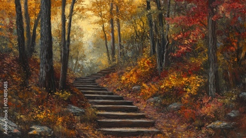 A stone staircase leads up through a vibrant autumn forest, with colorful leaves covering the ground and trees.