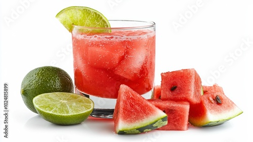 Refreshing watermelon cocktail with lime, ice cubes, and juicy watermelon slices. Perfect summer drink for parties and gatherings.