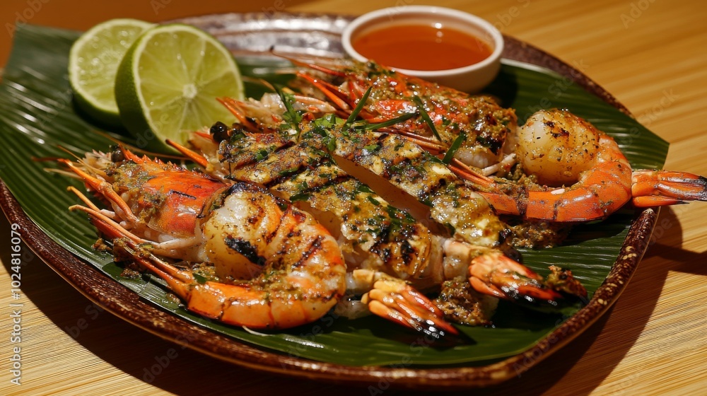 Grilled Shrimp Dish with Lime and Dipping Sauce Grilled Shrimp Dish with Lime and Dipping Sauce