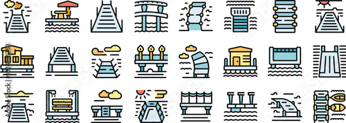 Set of icons depicting piers, jetties, and boardwalks in a modern filled line style