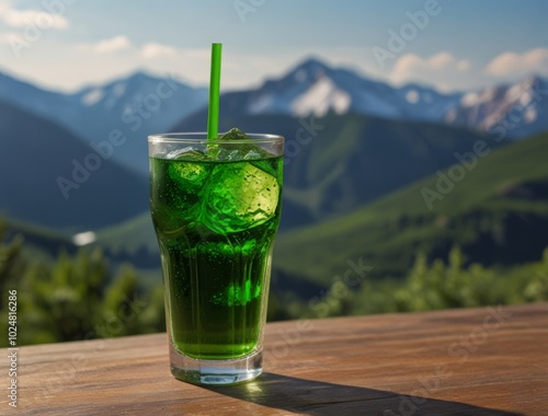 tarragon on a background of mountains, lemonade