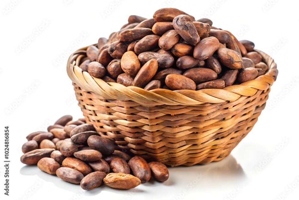 Lots of cocoa beans in a basket on white background Lots of cocoa beans in a basket on white background