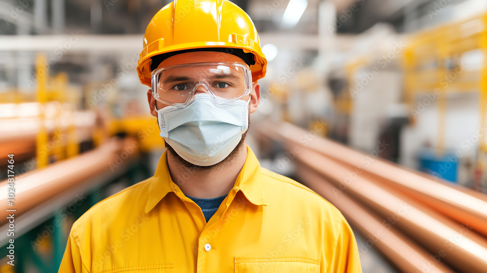 A male worker in a yellow safety jacket and helmet wears a face mask in a large industrial environment filled with copper pipes and machinery. A male worker in a yellow safety jacket and helmet wears a face mask in a large industrial environment filled with copper pipes and machinery.