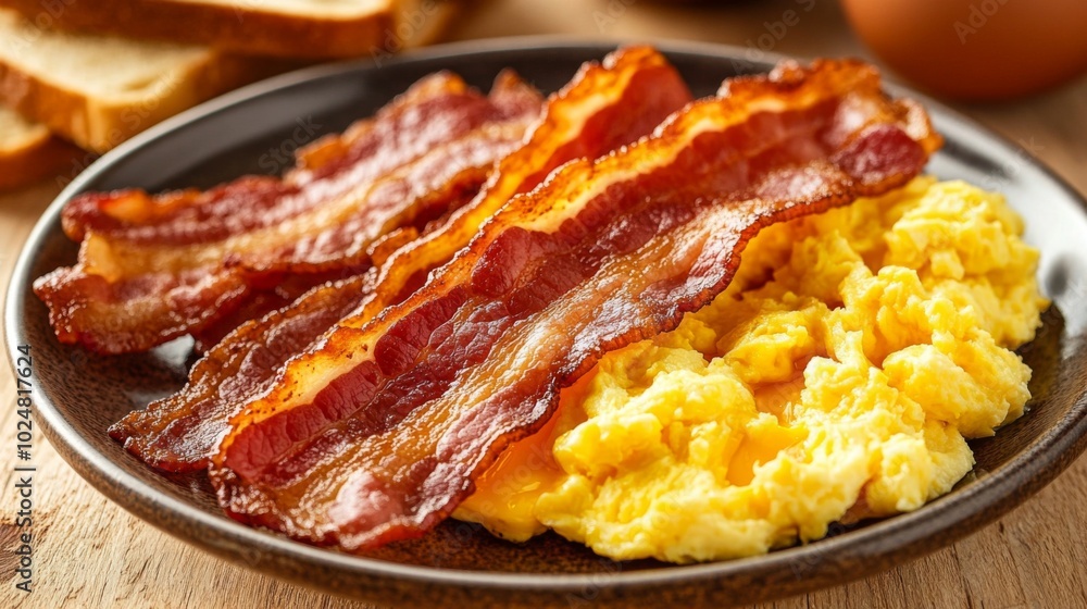 Delicious Breakfast Plate with Bacon and Scrambled Eggs Delicious Breakfast Plate with Bacon and Scrambled Eggs