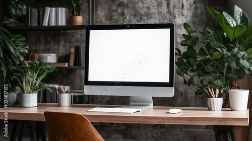 Wallpaper Mural Modern home office setup with a blank computer screen, wooden desk, plants, bookshelves, and minimalist decor featuring natural elements and a contemporary design. Torontodigital.ca