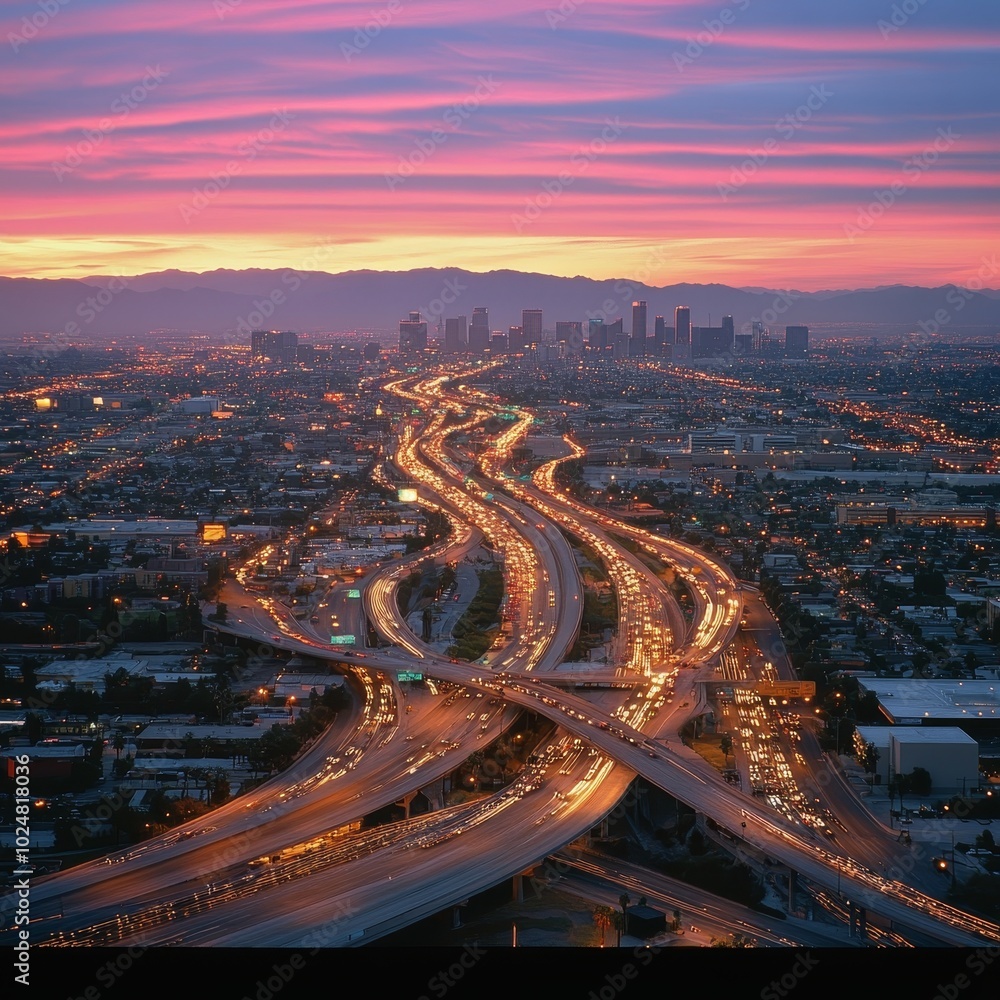 Fototapeta premium Downtown Cityscape, Los Angeles Sunset, Elevated View, Traffic on Freeway Interchange