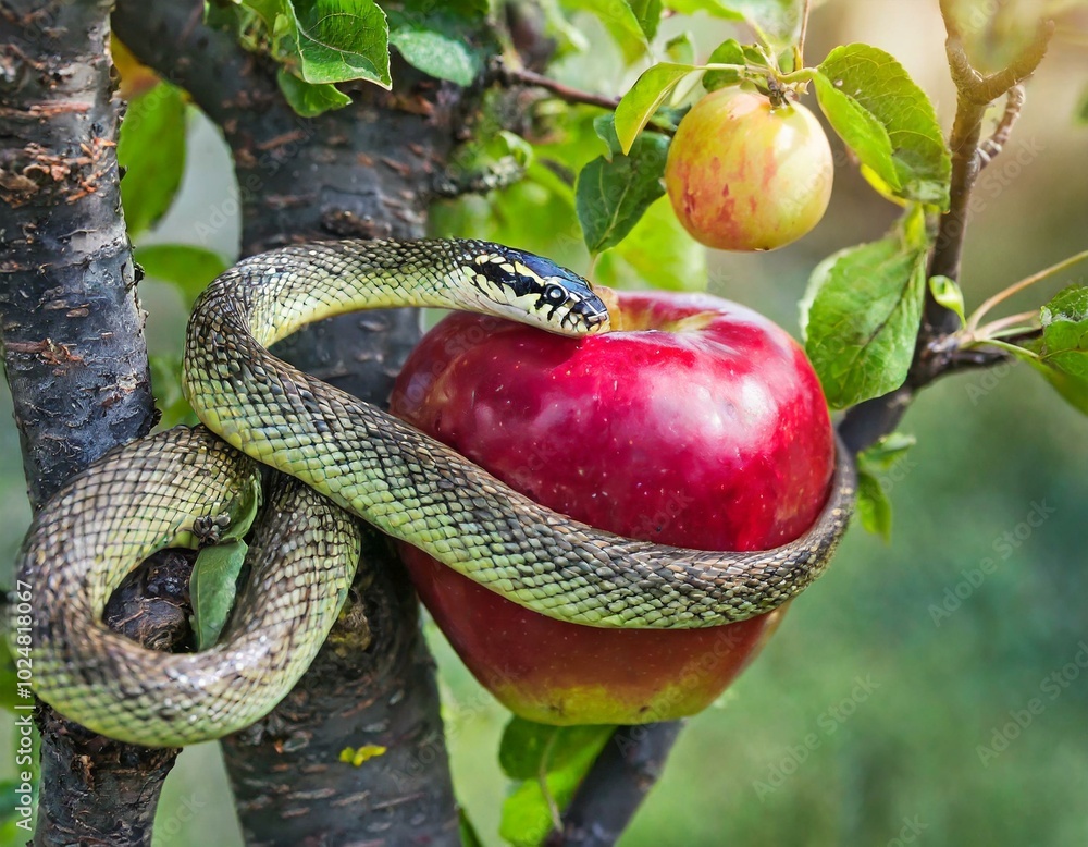 Snake in a apple tree next to a red apple representing original sin, An ...