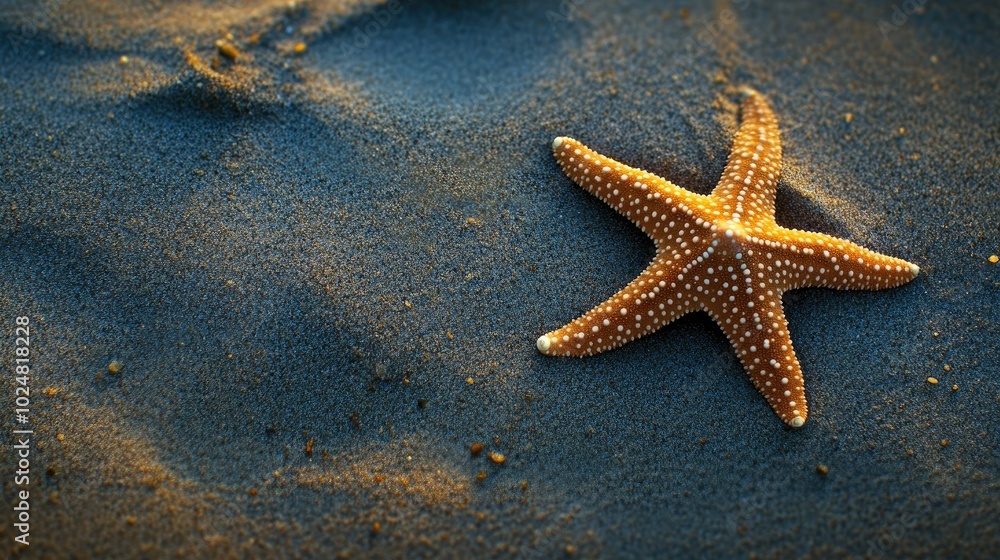 A lone starfish resting on a sandy shore, leaving ample space for copy A lone starfish resting on a sandy shore, leaving ample space for copy