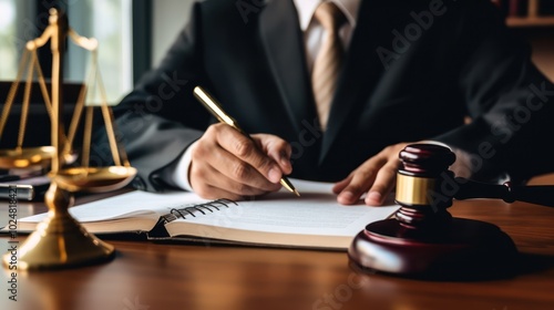 Lawyer's Workspace with Gavel and Scales of Justice