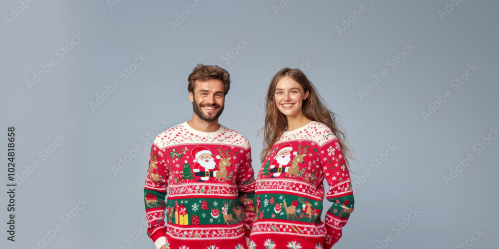 Couple in festive Ugly Christmas sweaters with Santa and reindeer, smiling Couple in festive Ugly Christmas sweaters with Santa and reindeer, smiling