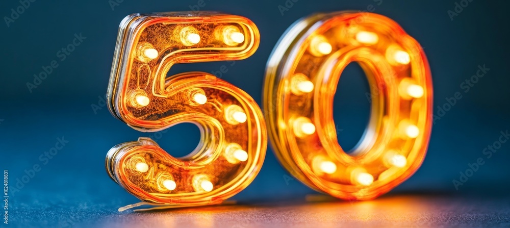 Light Up Numbers 50, Five And Zero For Celebration, Anniversaries And Party Time On Blue Background Light Up Numbers 50, Five And Zero For Celebration, Anniversaries And Party Time On Blue Background