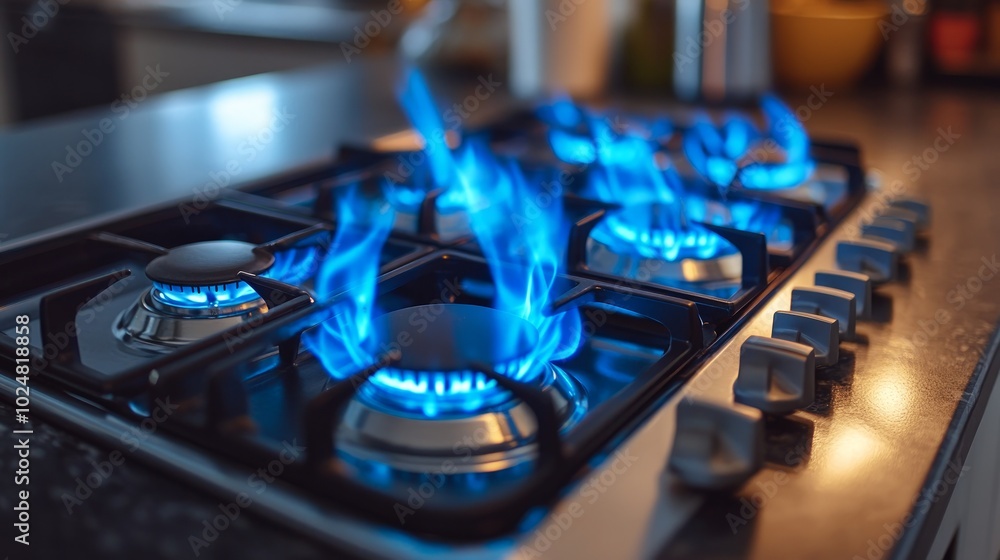 A close-up shot of a gas stove top with multiple burners lit, showing blue flames. A close-up shot of a gas stove top with multiple burners lit, showing blue flames.