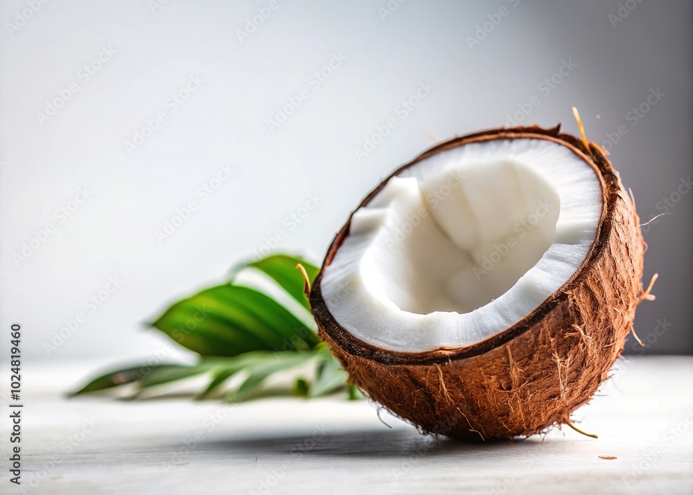 Closeup of Half Coconut on White Background for Healthy Lifestyle Themes Closeup of Half Coconut on White Background for Healthy Lifestyle Themes