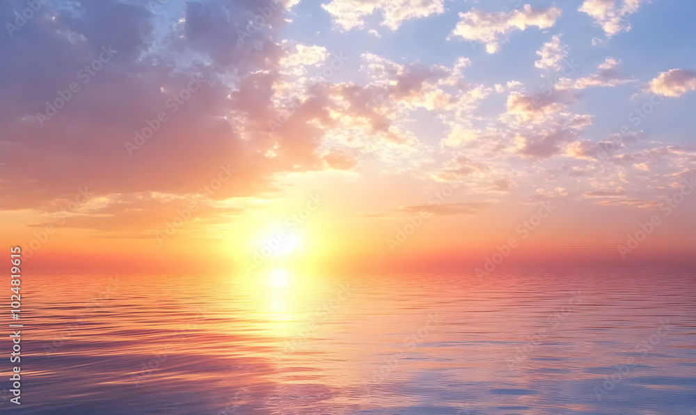 Obraz premium A vibrant sunset over a calm ocean with clouds reflecting in the water.