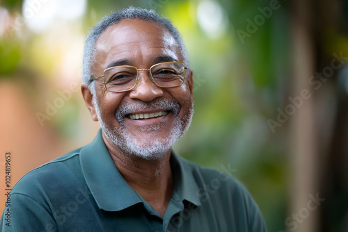 Happy elderly african american man enjoys the sunshine and nature, radiating contentment and joy in his healthy retirement lifestyle