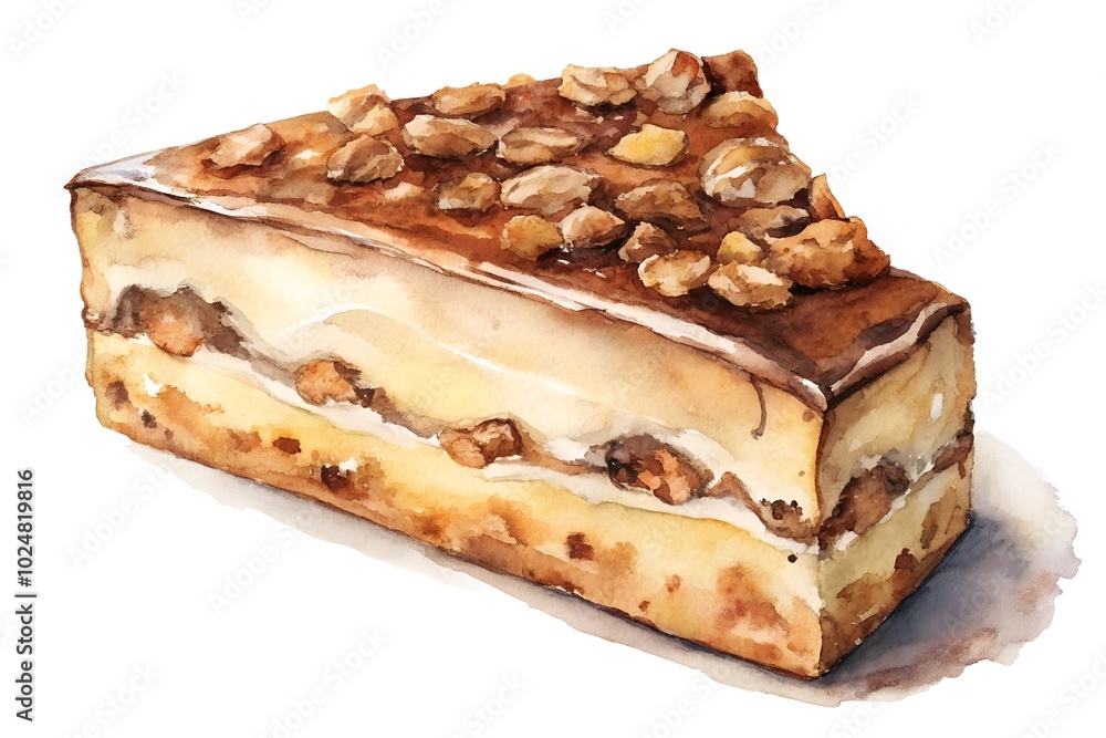 Watercolor hand drawn Slice of walnuts cake on a white background Watercolor hand drawn Slice of walnuts cake on a white background
