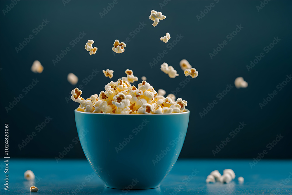 Overflowing popcorn in a blue bowl, some flying pieces against a matching background, captures indulgence and fun Overflowing popcorn in a blue bowl, some flying pieces against a matching background, captures indulgence and fun