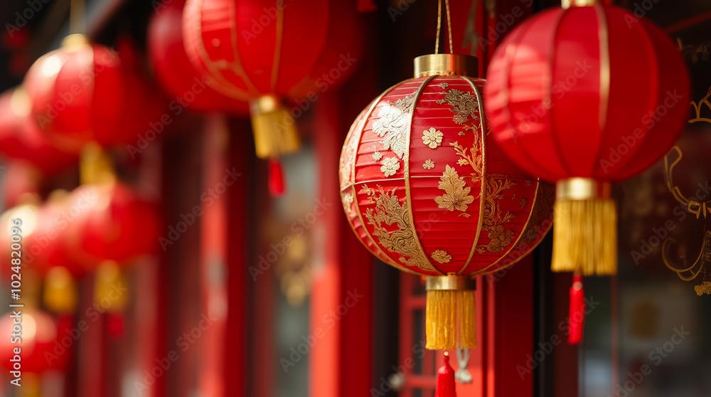 Bright red lanterns hang from structures, creating a warm, festive atmosphere to welcome the Lunar New Year. The decorations symbolize hope and happiness during the celebrations Bright red lanterns hang from structures, creating a warm, festive atmosphere to welcome the Lunar New Year. The decorations symbolize hope and happiness during the celebrations