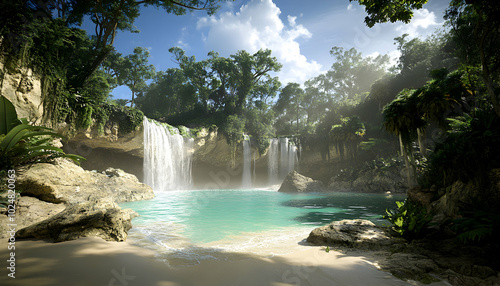 A cascading waterfall flows into a tranquil lagoon surrounded by lush tropical greenery and a sandy beach.