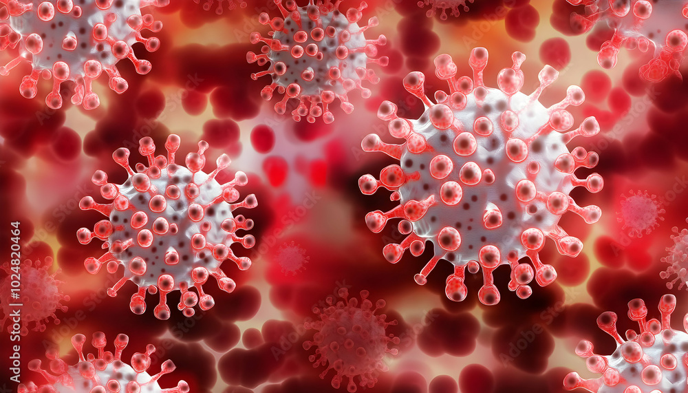 Close-up 3D rendering of a virus with red and white colors on a red background. Close-up 3D rendering of a virus with red and white colors on a red background.