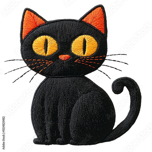 A charming black cat illustration with striking orange eyes, perfect for Halloween and cozy home decor. isolated background