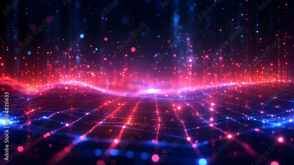 Abstract digital landscape with vibrant glowing particles.