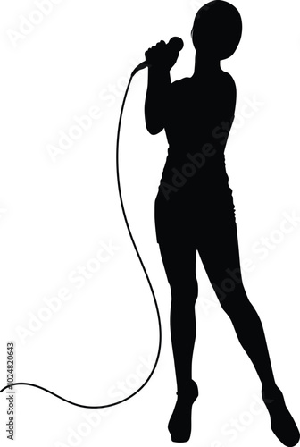 Female singer silhouette illustration. Women sing pose full body in black