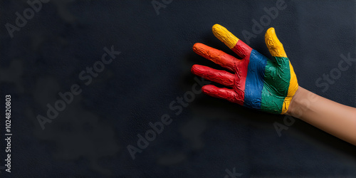 Vibrant rainbow hand symbolizes diversity, equality, and unity against dark background, promoting love, peace, and acceptance photo