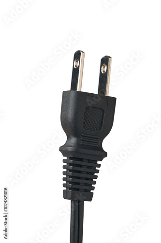 close-up of two flat parallel pins mains plug isolated white background, no earth or grounding pin, used for devices that draw low current photo