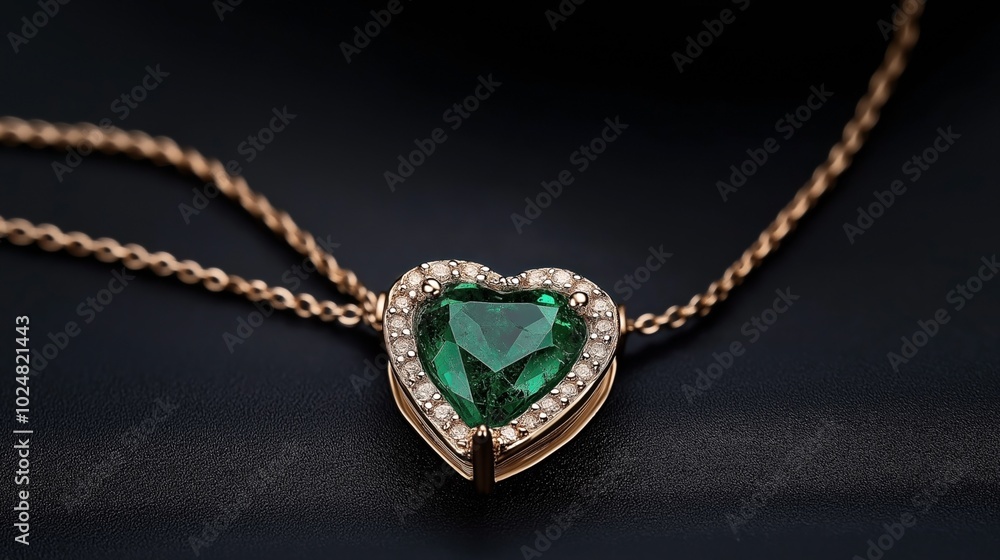 Heart-shaped emerald gemstone pendant necklace with diamonds on a gold chain against a dark background. Heart-shaped emerald gemstone pendant necklace with diamonds on a gold chain against a dark background.
