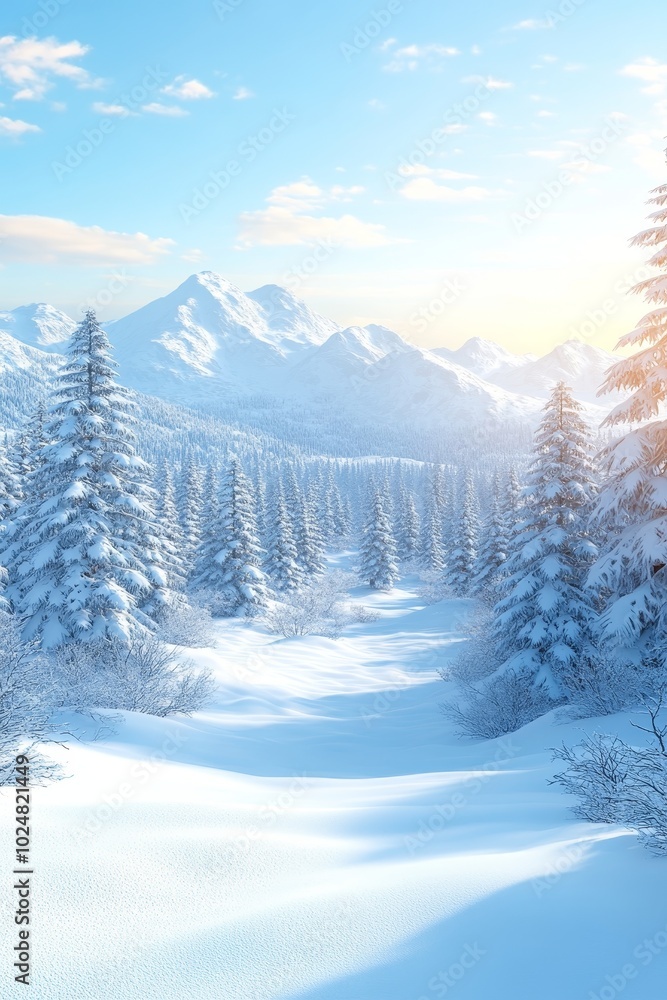 Fototapeta premium Winter Wonderland. Scenic Snowy Mountain Landscape With Fir Forest Covered In Snow. Golden Sunlight.