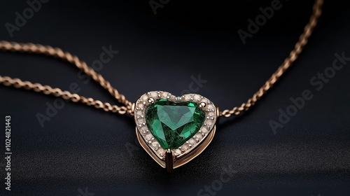 Heart-shaped emerald gemstone pendant necklace with diamonds on a gold chain against a dark background.