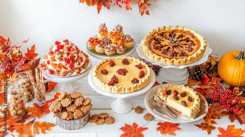 A variety of autumnal desserts on white pedestals, including pumpkin pie, cheesecake, and cookies. A variety of autumnal desserts on white pedestals, including pumpkin pie, cheesecake, and cookies.