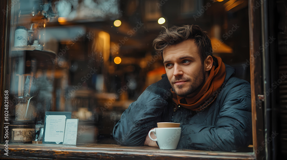 Through window view of positive thoughtful young male enjoying cup of hot coffee while resting in cozy cafe Through window view of positive thoughtful young male enjoying cup of hot coffee while resting in cozy cafe