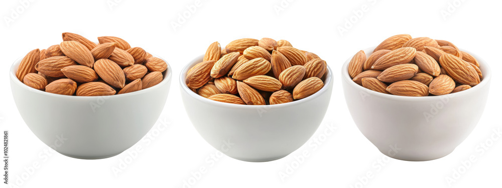 Almonds in white bowl on white background Almonds in white bowl on white background
