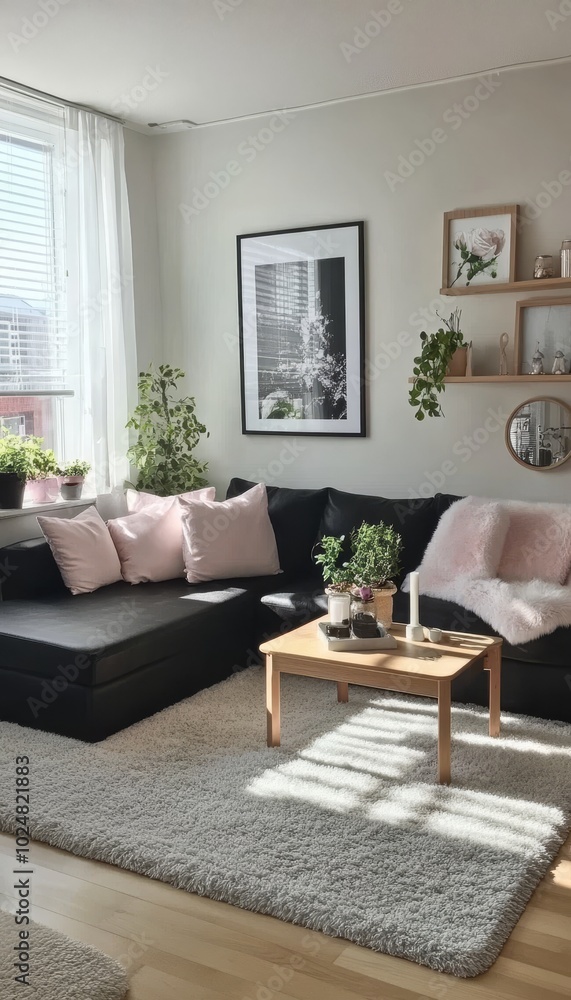 Scandinavian Living Room Interior With Black Sofa, Stylish Home Decor, And Potted Plants. Scandinavian Living Room Interior With Black Sofa, Stylish Home Decor, And Potted Plants.