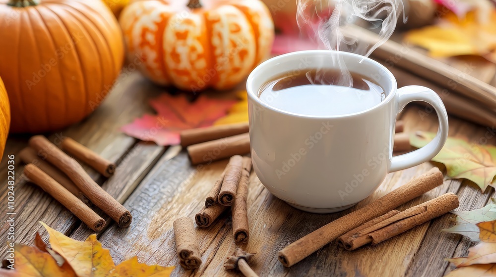 A steaming cup of tea surrounded by cinnamon sticks, fall leaves, and pumpkins. A steaming cup of tea surrounded by cinnamon sticks, fall leaves, and pumpkins.