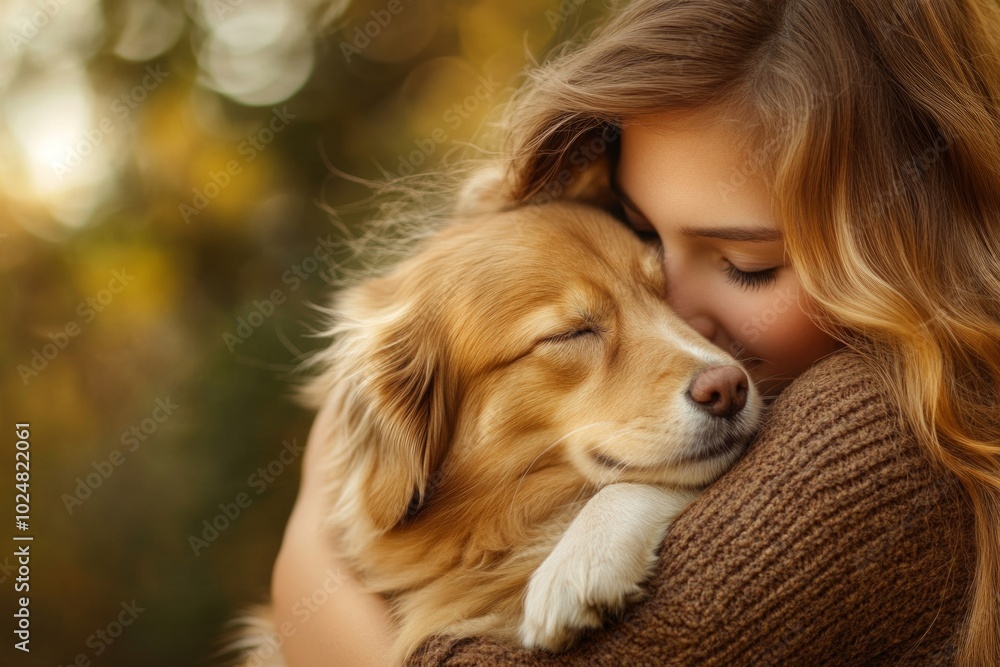 Heartwarming moment: woman hugging her golden retriever in autumn setting Heartwarming moment: woman hugging her golden retriever in autumn setting