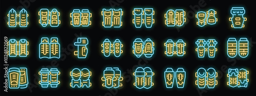 Set of soccer shin guards icons in neon style, glowing signs collection