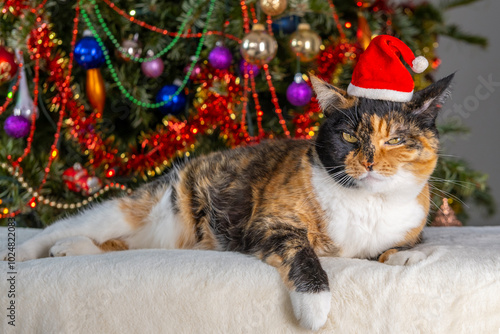 brown tricolor domestic cat in santa claus hat near Christmas Tree With Ornaments, traditional peaceful christmastime Moments