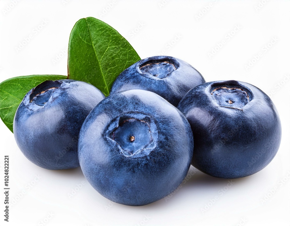 Obraz premium four blueberries with leaves isolated on white background
