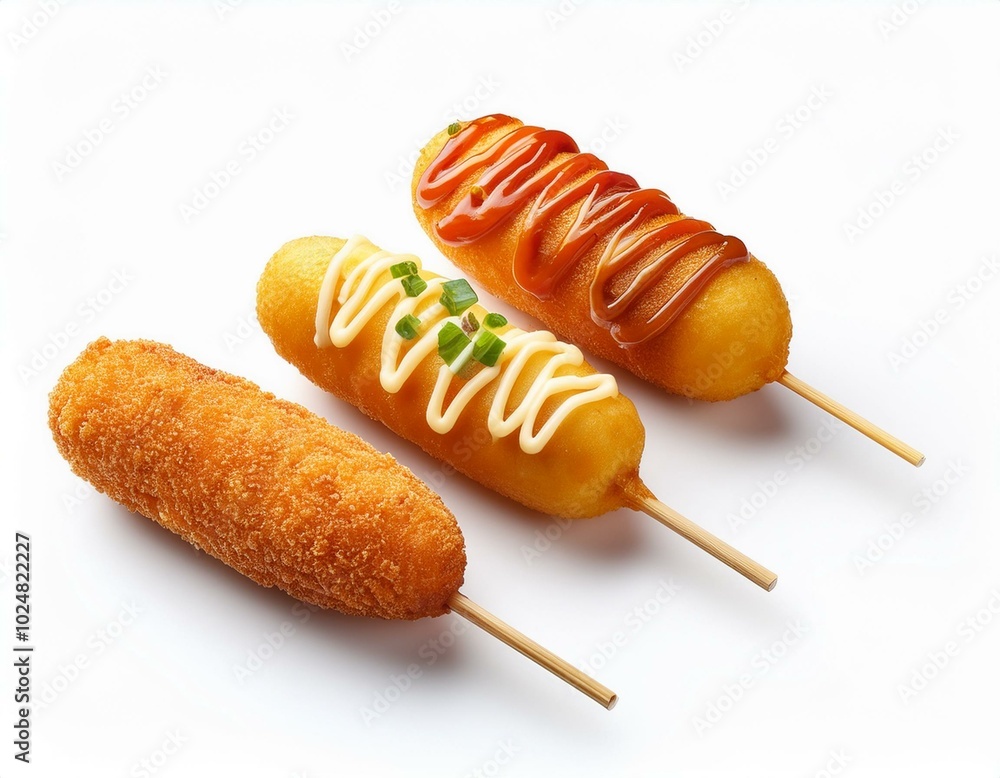 four corn dogs with different toppings isolated on a white background four corn dogs with different toppings isolated on a white background