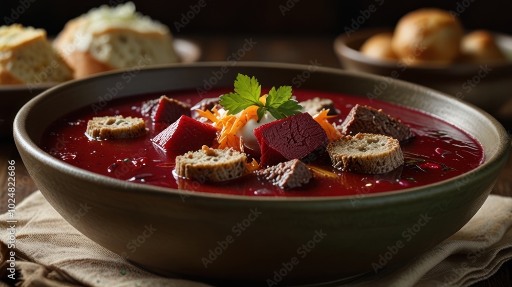 A bowl of red beet soup with croutons, sour cream, and parsley on a wooden table. A bowl of red beet soup with croutons, sour cream, and parsley on a wooden table.